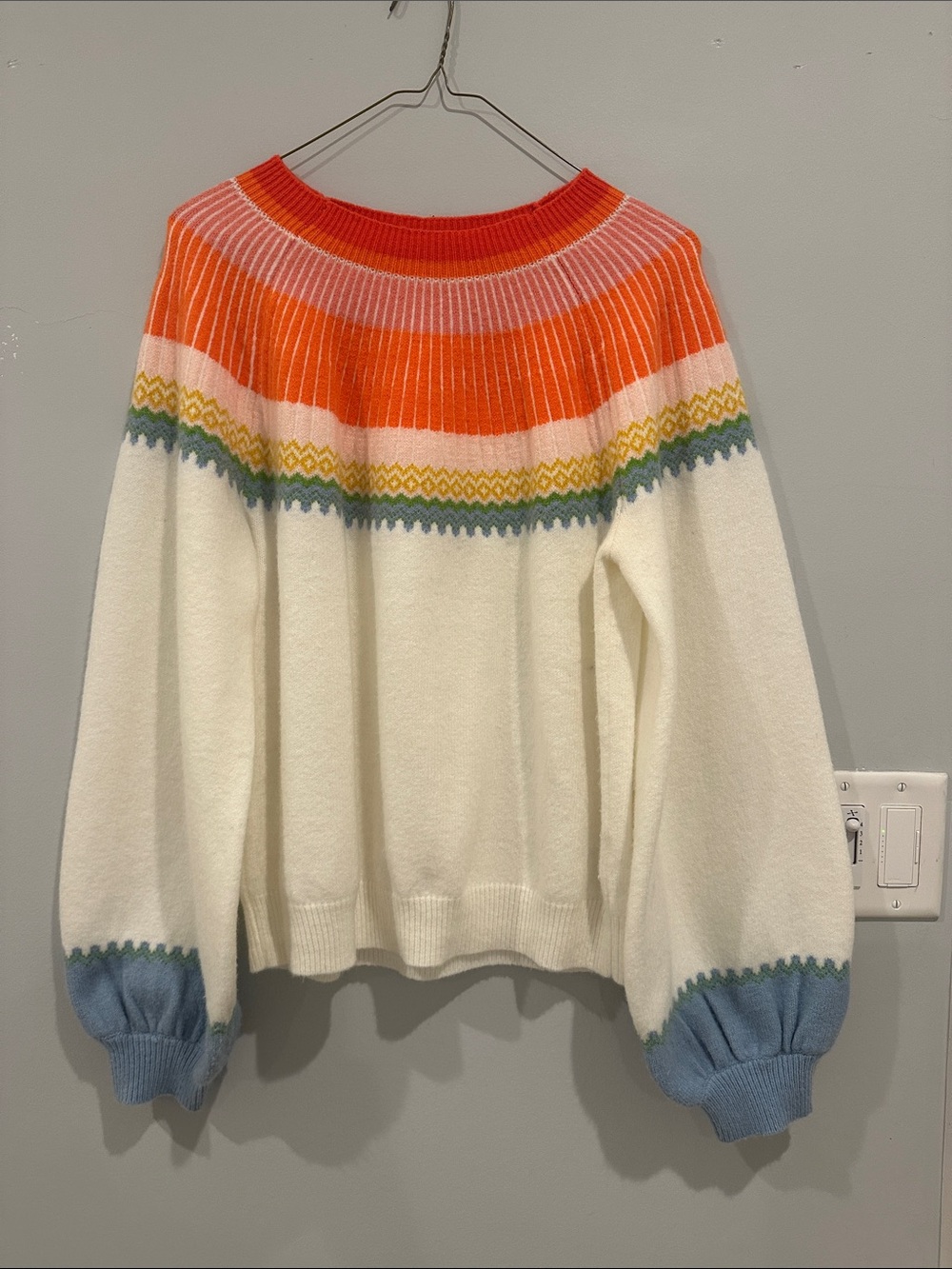 Tuckernuck Cream Fair Isle Crewneck Sweater with Orange, Pink & Blue Accents